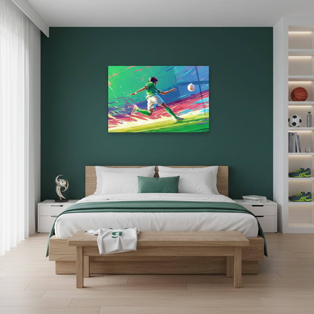 Soccer player horizontal glass wall art in a football-inspired athlete bedroom