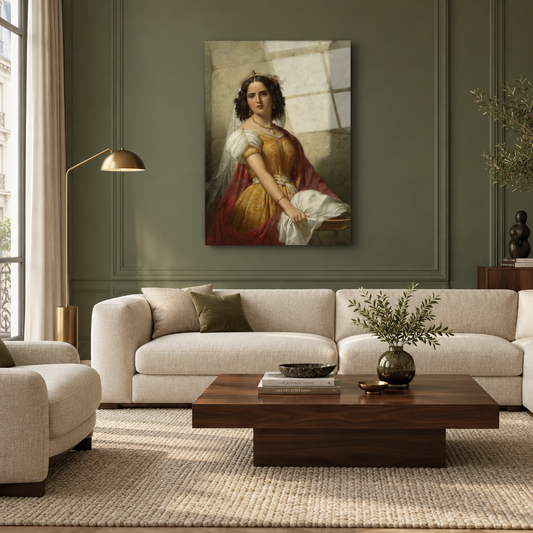 Classical woman portrait glass wall art in a sage green living room