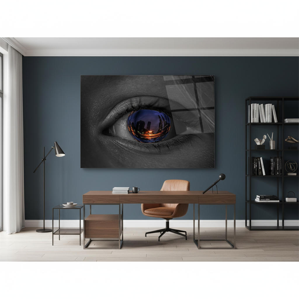 Blue eye city lights glass wall art displayed in a modern home office