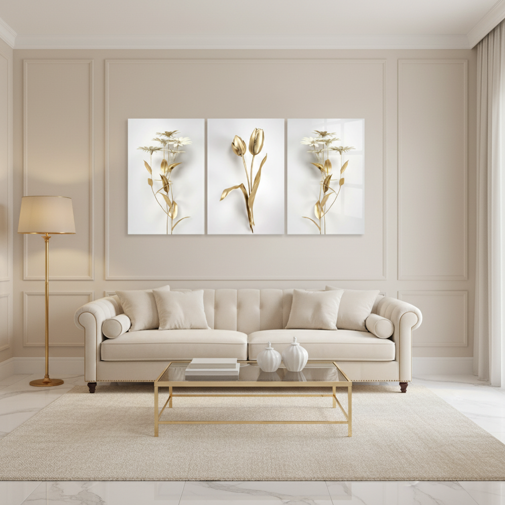 Golden Tulips Daisies Glass Wall Art - Living Room