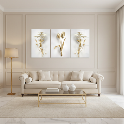 Golden Tulips Daisies Glass Wall Art - Living Room