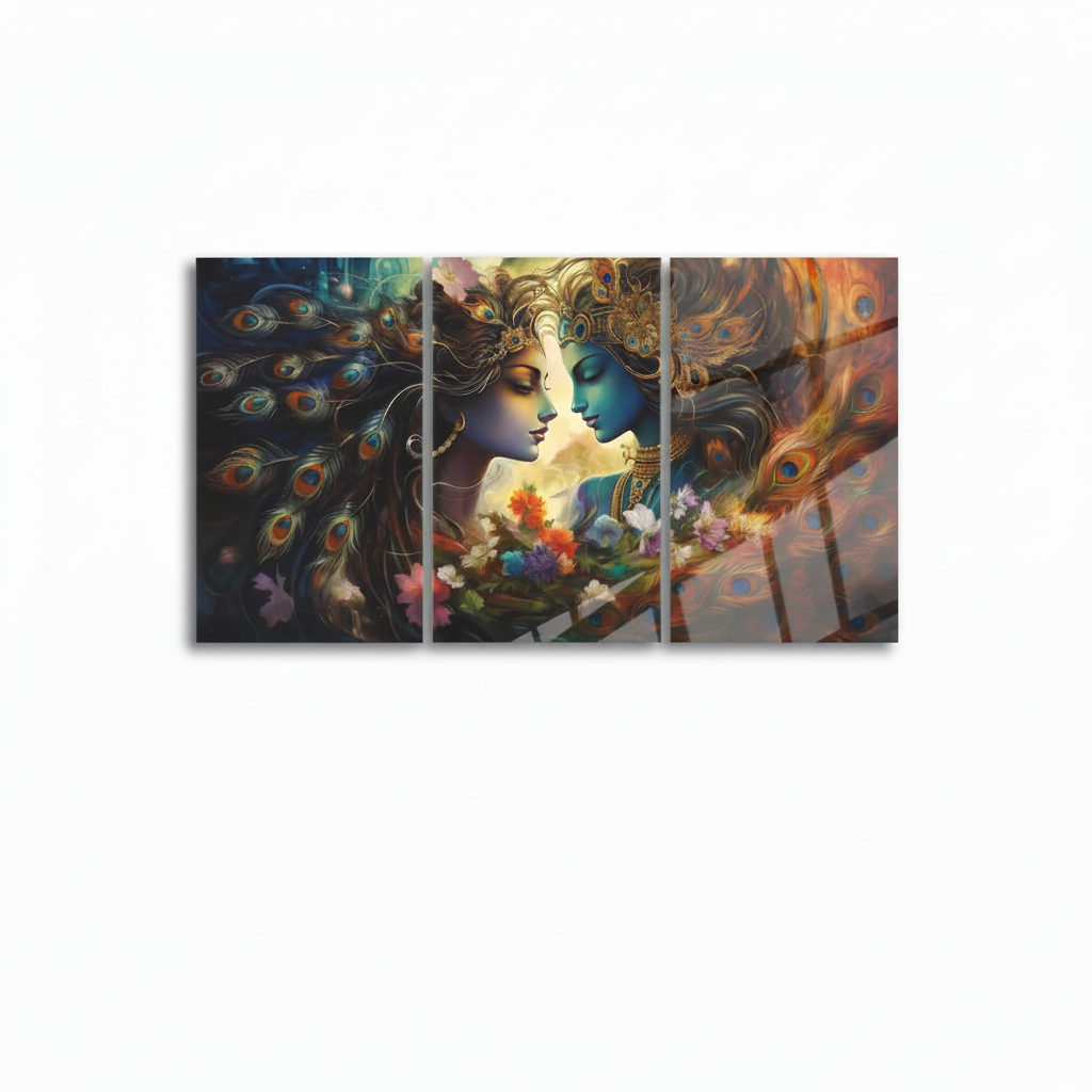Radha Krishna glass wall art triptych, artwork on 1:1 square white background