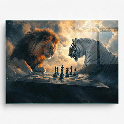 Lion and White Tiger Chess Glass Wall Art