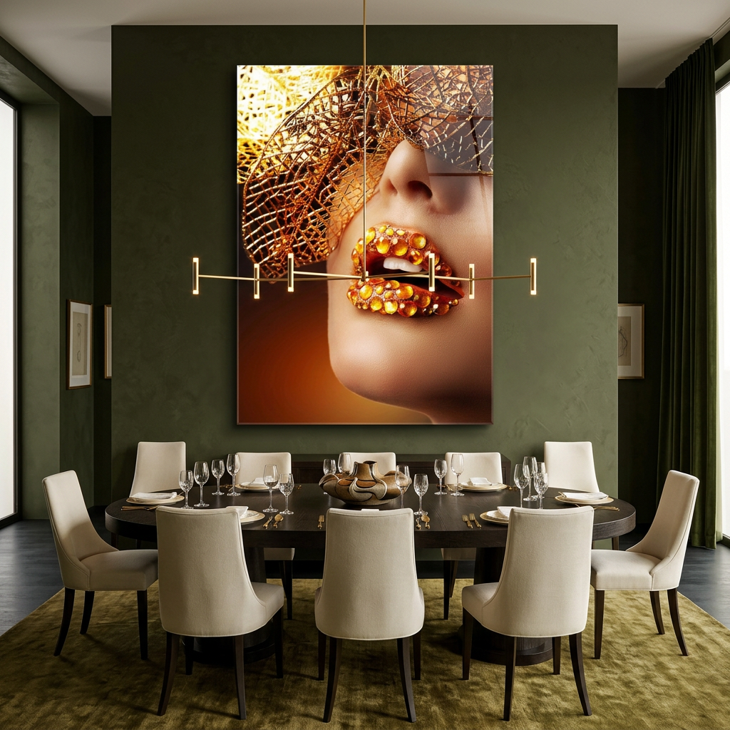 D-179 gold jeweled lips glass wall art in olive dining room