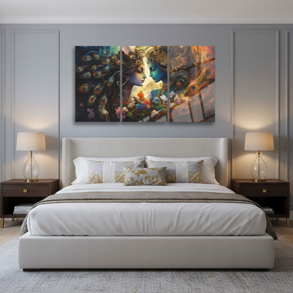 Radha Krishna glass wall art triptych hanging in a luxury bedroom with soft grey-blue walls and brass table lamps