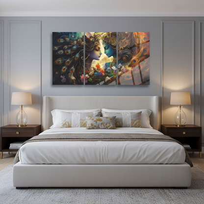 Radha Krishna glass wall art triptych hanging in a luxury bedroom with soft grey-blue walls and brass table lamps