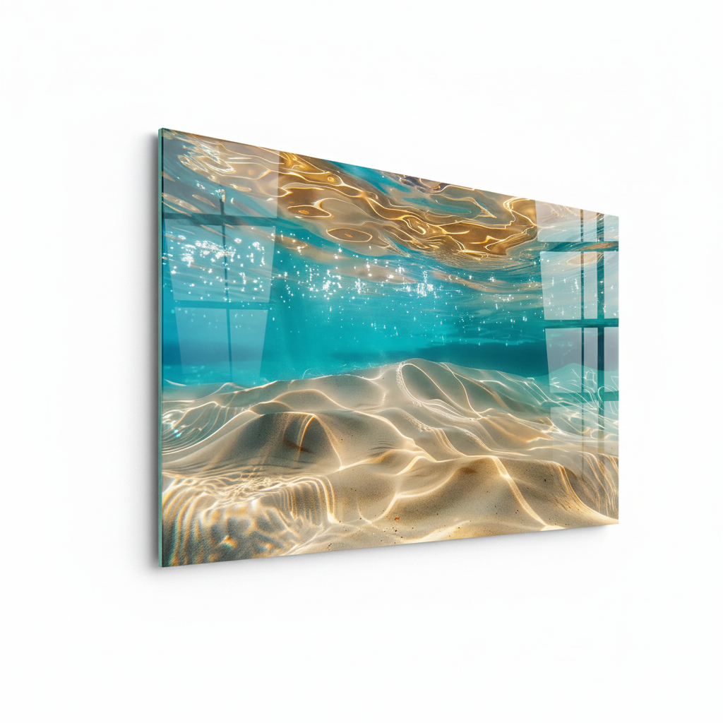 LMT-049 turquoise cyan underwater abstract glass wall art with golden ripples, left side view