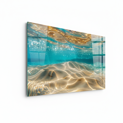 LMT-049 turquoise cyan underwater abstract glass wall art with golden ripples, left side view