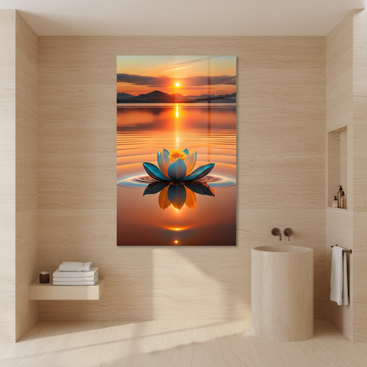 Sunset Lotus Glass Wall Art displayed in a serene spa bathroom with sand-beige walls.