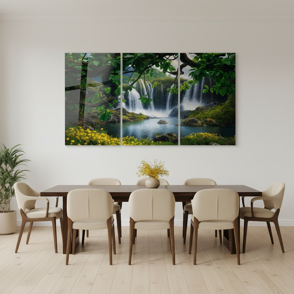 Waterfall forest glass wall art triptych in a luxury sand dining room