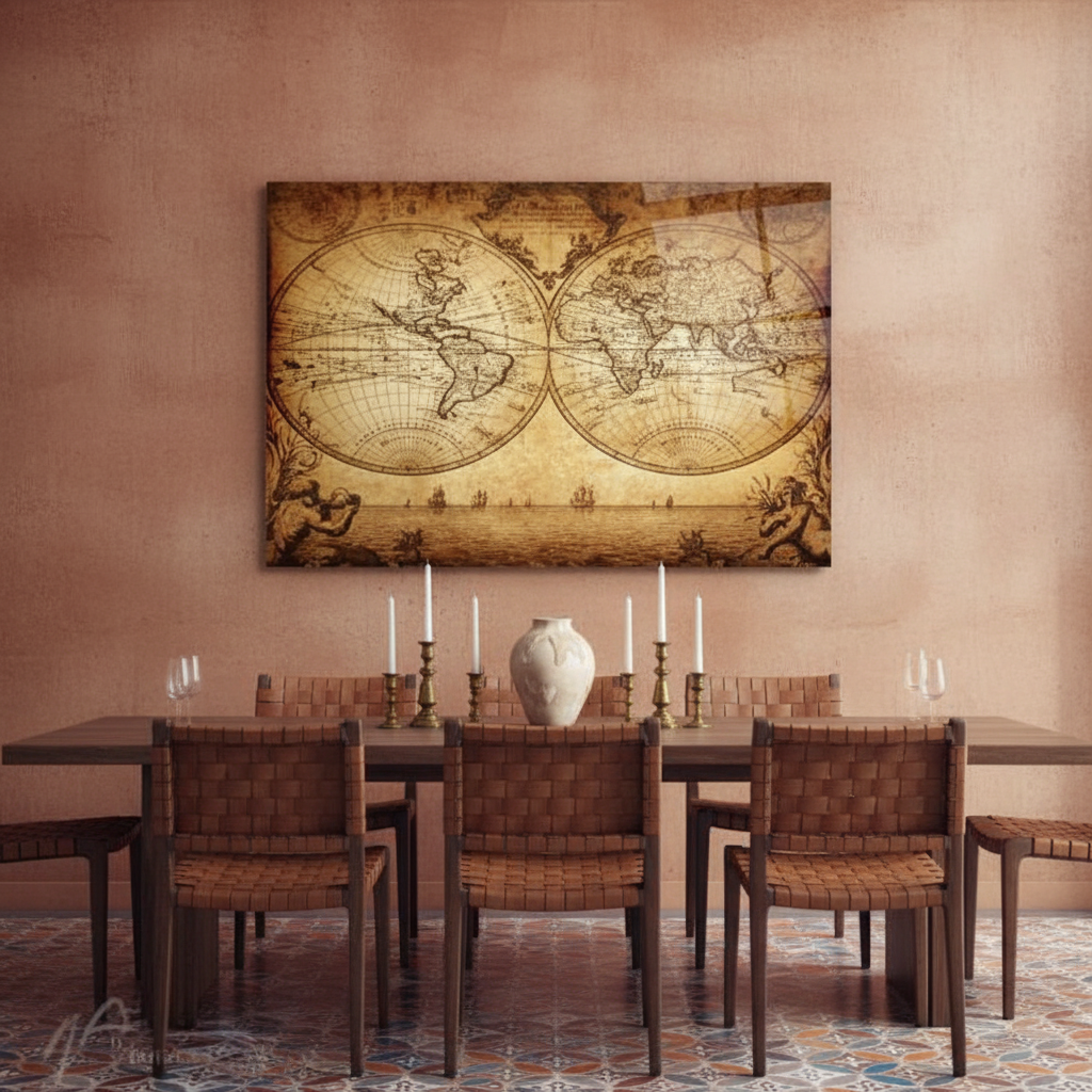 Antique sepia world map glass wall art in a luxury dining room