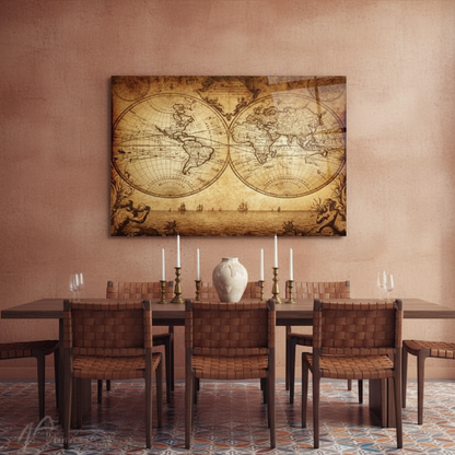 Antique sepia world map glass wall art in a luxury dining room
