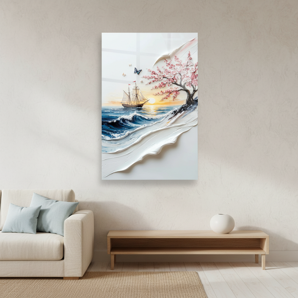 Square 1:1 coastal-japandi living room mockup of LMT-002, sailing ship and cherry blossom glass wall art above a light oak console.