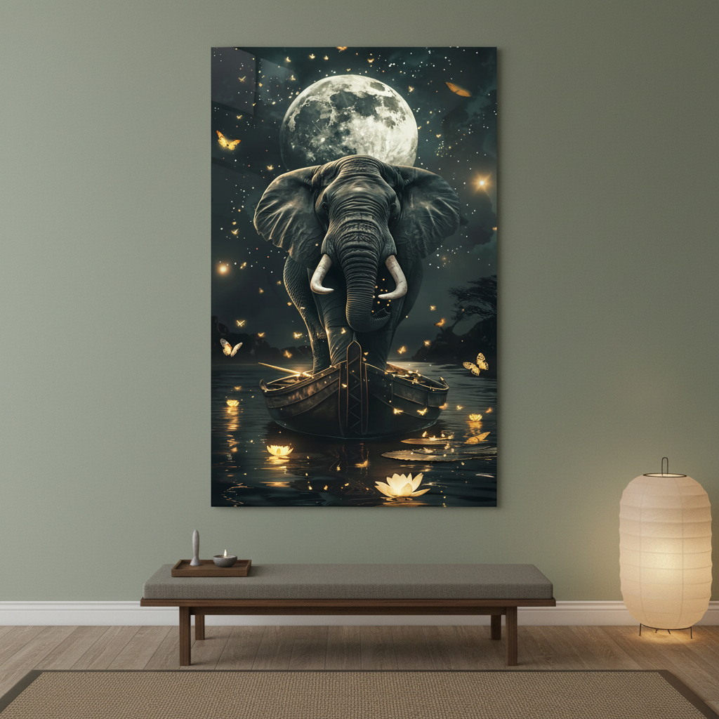 LMT-054 elephant under full moon with butterflies and lotus flowers in a luxury meditation room