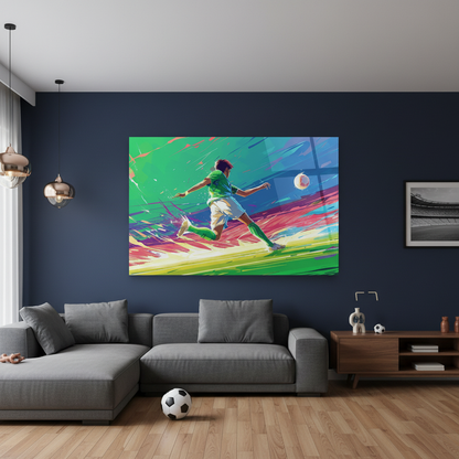 Soccer player horizontal glass wall art in a navy football fan living room