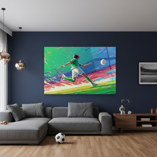 Soccer player horizontal glass wall art in a navy football fan living room