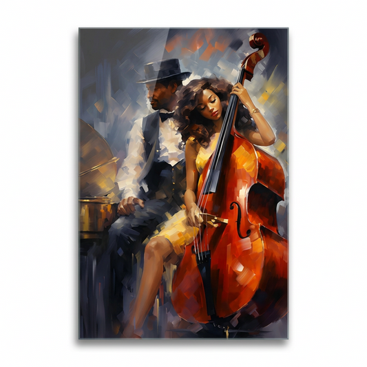 Jazz Musicians Glass Wall Art, frontal view on white background