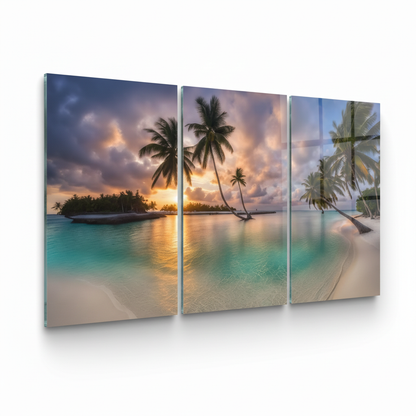 Left angle view of the tropical beach sunset triptych glass wall art with thin glass edge visible on the left
