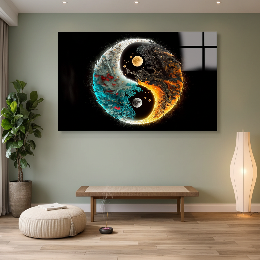LMT-052 turquoise orange gold yin yang abstract glass wall art in a luxury meditation room