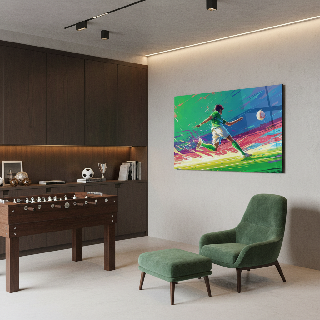 Soccer player horizontal glass wall art in a football-themed game room with foosball table