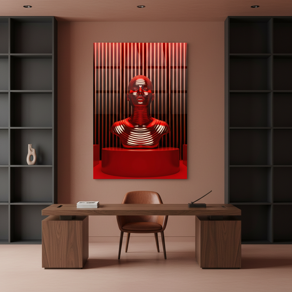 Red chrome futuristic human bust glass wall art in a muted terracotta luxury office