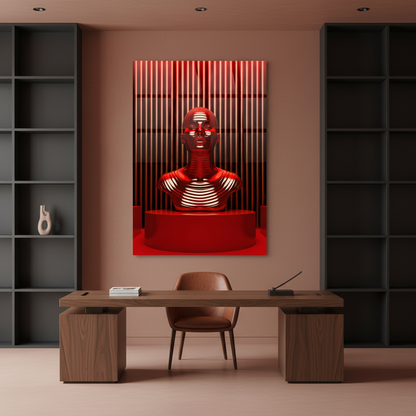 Red chrome futuristic human bust glass wall art in a muted terracotta luxury office