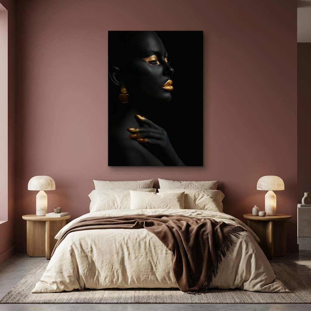 D-182 black and gold woman portrait glass wall art in dusty rose bedroom