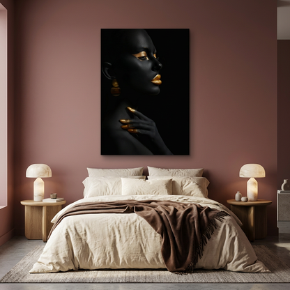 D-182 black and gold woman portrait glass wall art in dusty rose bedroom