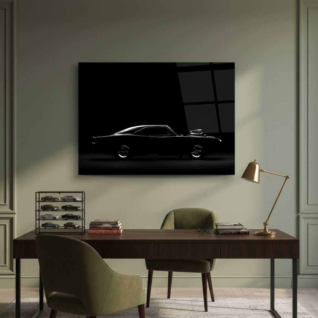 1968 Dodge Charger glass wall art displayed in a retro hobby room