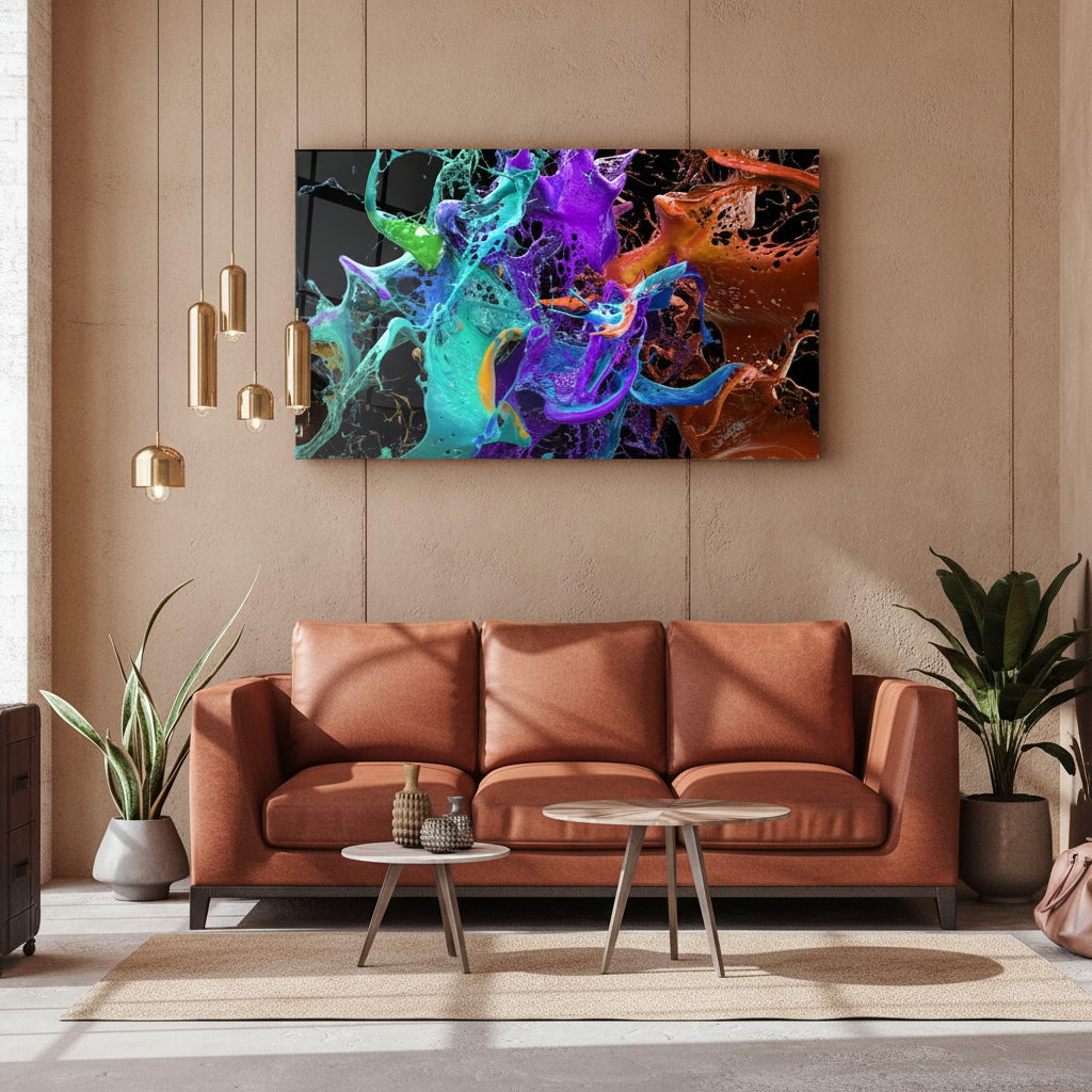Abstract fluid glass wall art in a boutique hotel lobby