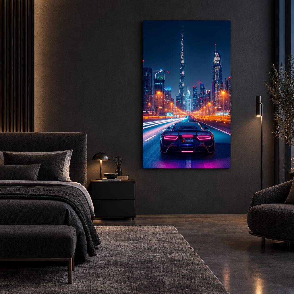 Neon city sports car glass wall art in a bedroom