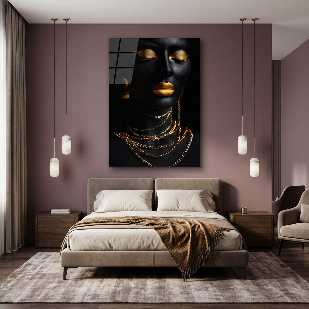 D-185 black and gold woman with layered necklaces glass wall art in mauve bedroom