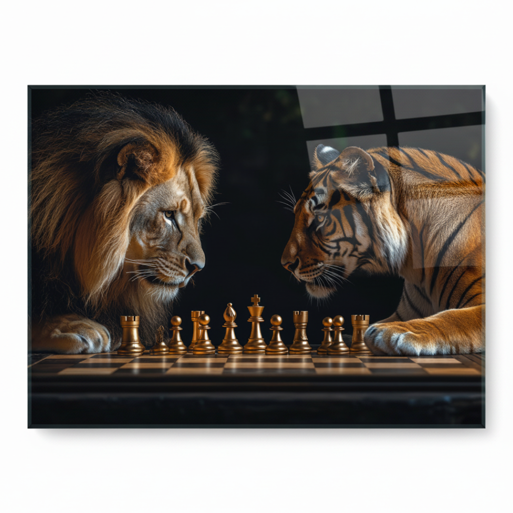 Lion vs Tiger Chess Glass Wall Art