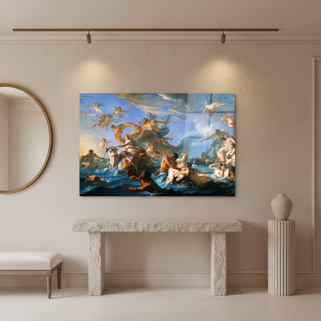 Mythological marine glass wall art in a sophisticated luxury entrance hall