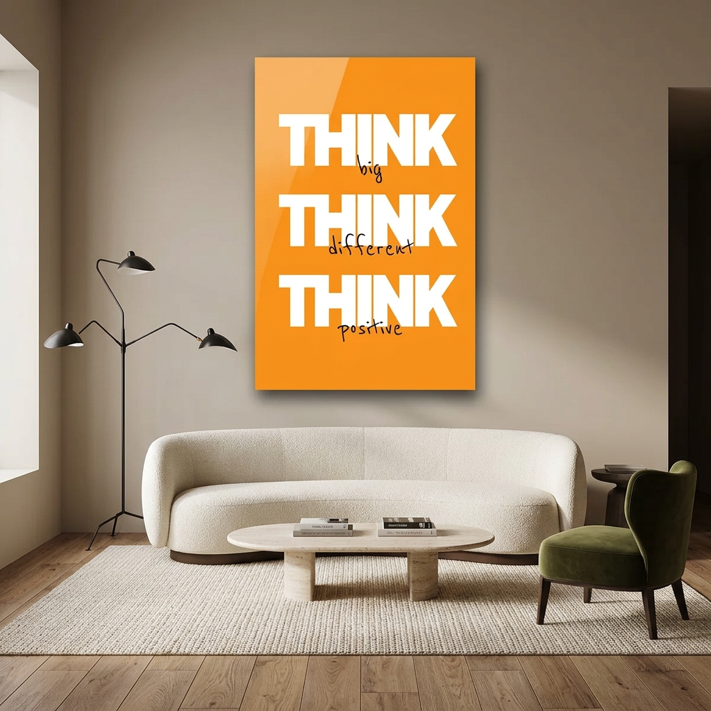 Mockup soggiorno con quadro Think arancione