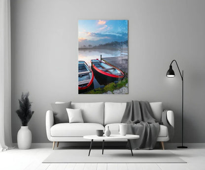Lake and Boats Landscape Glass Wall Art - LUXARTDECO