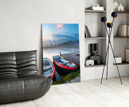 Lake and Boats Landscape Glass Wall Art - LUXARTDECO