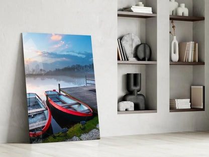Lake and Boats Landscape Glass Wall Art - LUXARTDECO