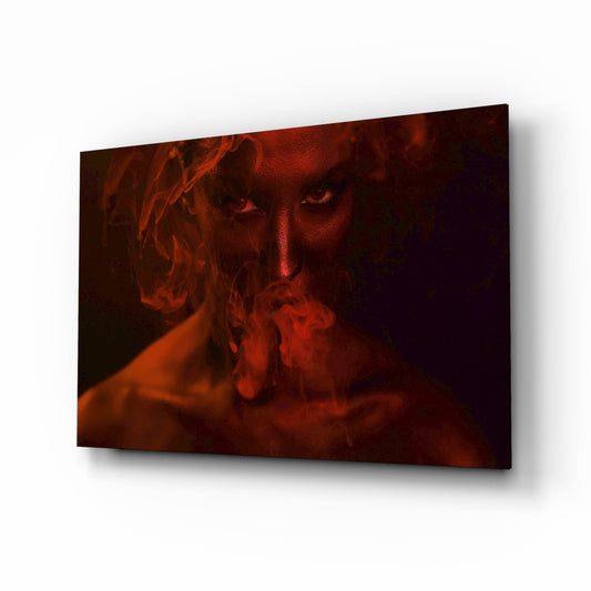 Red Smoke and Woman Glass Wall Art