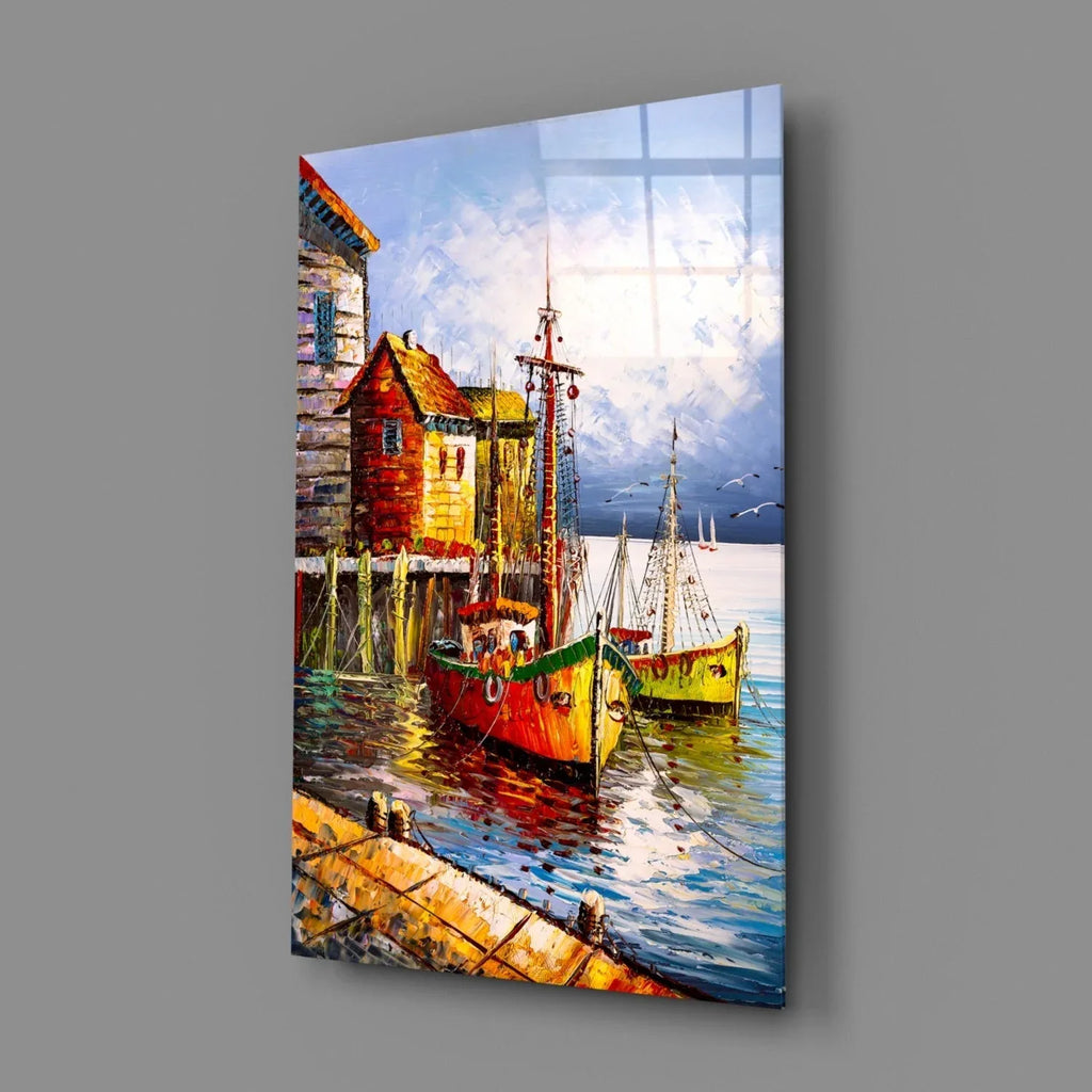 Boats on the Shore Glass Wall Art - LUXARTDECO