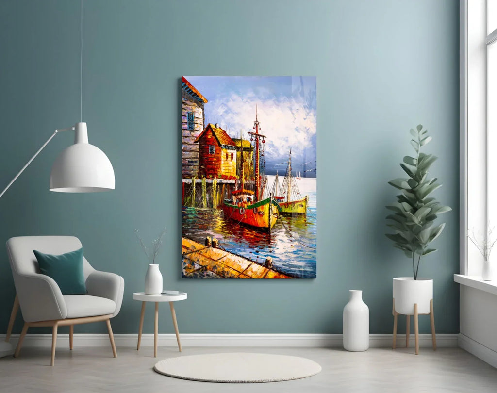 Boats on the Shore Glass Wall Art - LUXARTDECO
