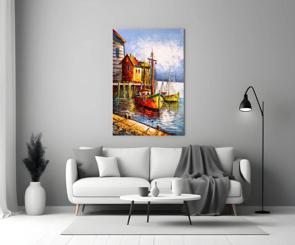 Boats on the Shore Glass Wall Art - LUXARTDECO