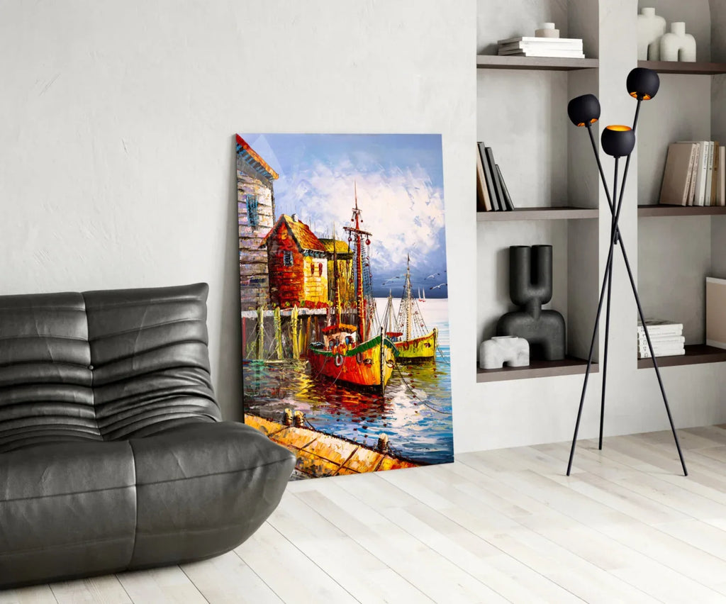 Boats on the Shore Glass Wall Art - LUXARTDECO
