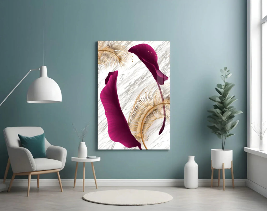 Burgundy Leaves Glass Wall Art - LUXARTDECO