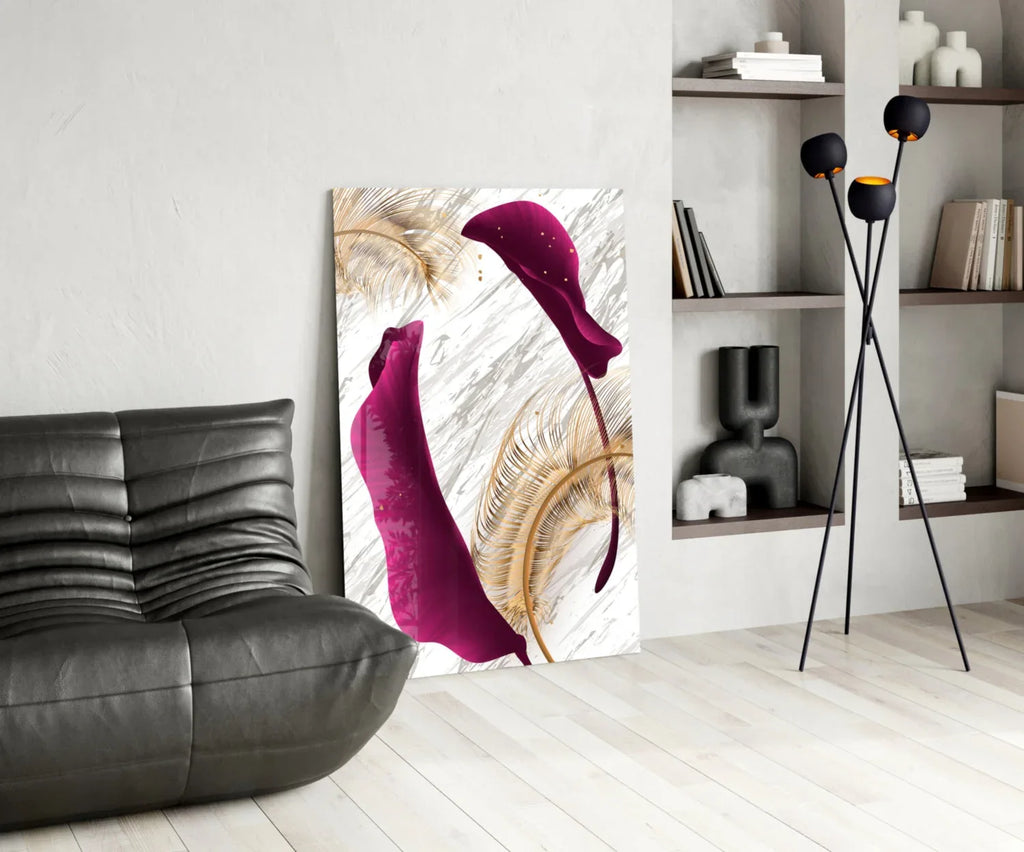 Burgundy Leaves Glass Wall Art - LUXARTDECO