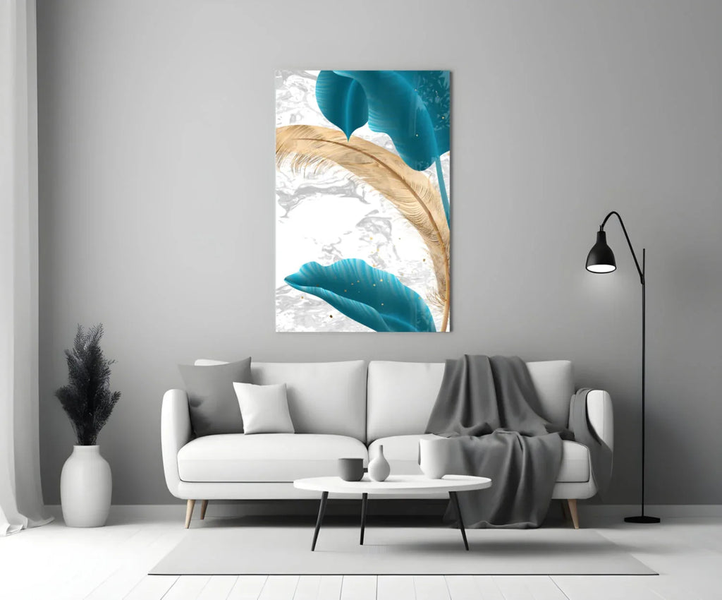 Turquoise Leaves Glass Wall Art - LUXARTDECO