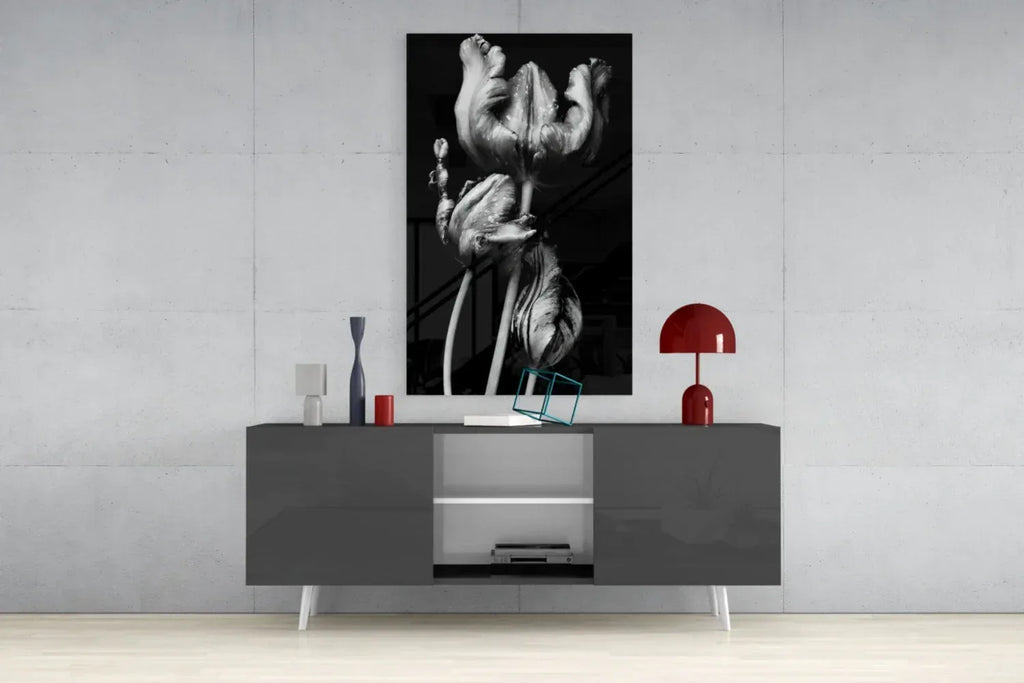 Black and White Flowers Glass Wall Art - LUXARTDECO