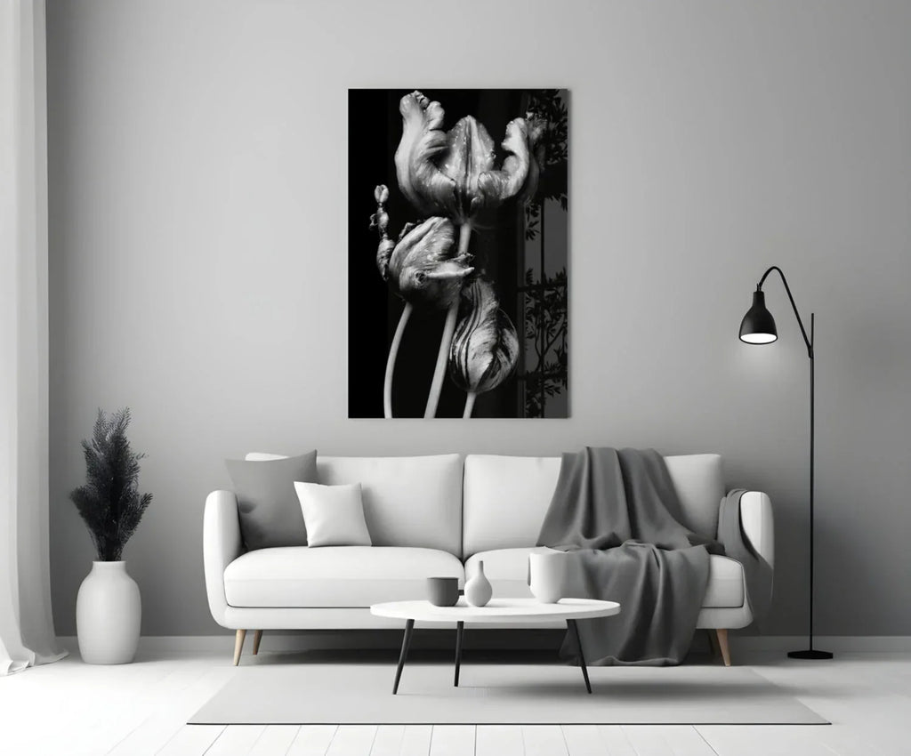Black and White Flowers Glass Wall Art - LUXARTDECO