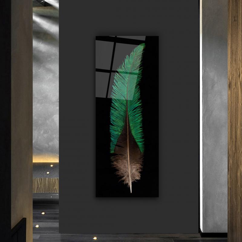 Green Feather Glass Wall Art
