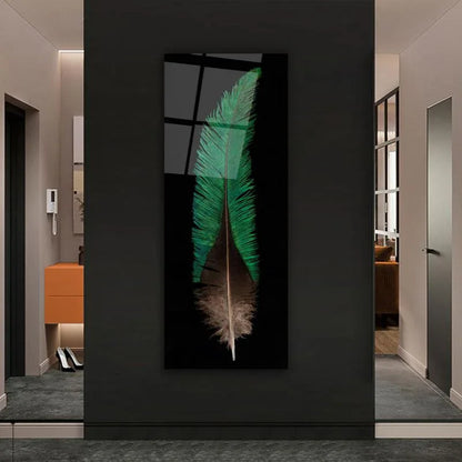 Green Feather Glass Wall Art - LUXARTDECO